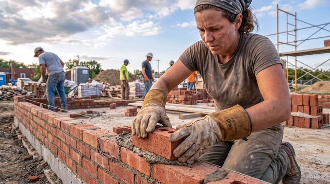 Female mason laying red brick with cement mortar on construction site