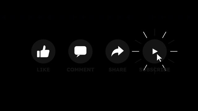 Animated social media icons for like comment share and subscribe buttons on a black background