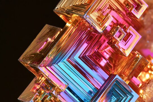 Iridescent bismuth crystal structure with stepped geometric layers glowing in pink, blue and gold under dramatic lighting against black background