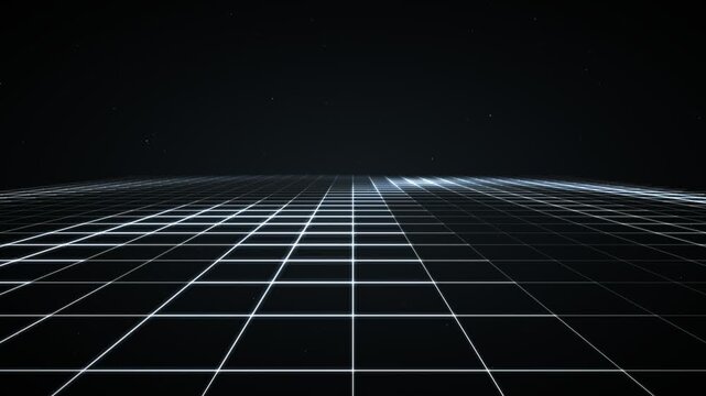Retro Futuristic Grid Landscape with Stars and Glowing Horizon in a Dark Void