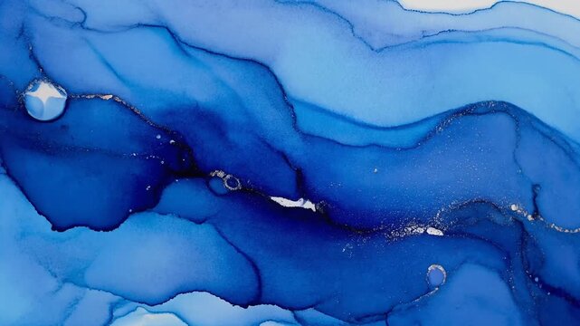 Abstract fluid ink painting with flowing deep blue waves and subtle silver metallic glitter accents 4K Generative AI