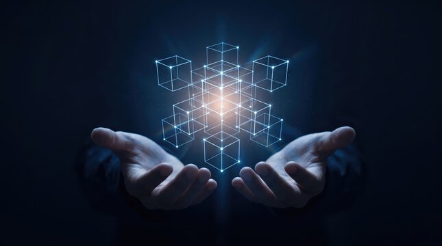 Futuristic concept of blockchain technology and cryptocurrency, showing glowing wireframe cubes forming a network structure held in human hands against a dark background