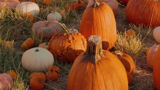 A telephoto view pans diagonally across colorful pumpkins on dry grass.