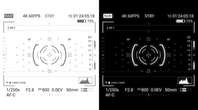 Camera viewfinder display interface overlay with digital video settings and focus frame