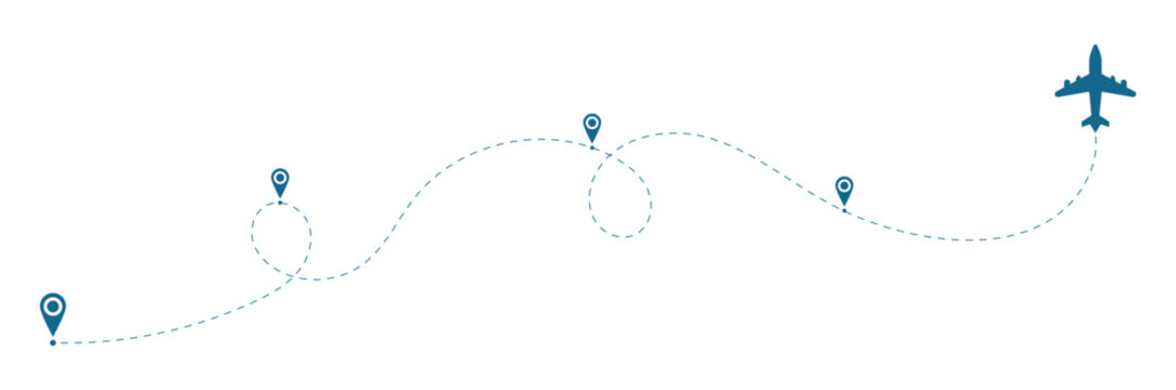 Airplane line path travel line icon set. Airplane path in dotted line shape with four location icon pin. Path to location by plane, tourism way, route flight. Vector Illustration
