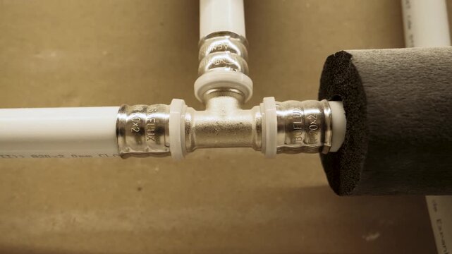 Multilayer PEX Pipe Press-Fitting Connection, Joint Installation, Close Up