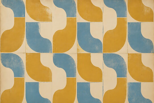 Repeating Blue and Mustard Interlocking Tile Pattern
