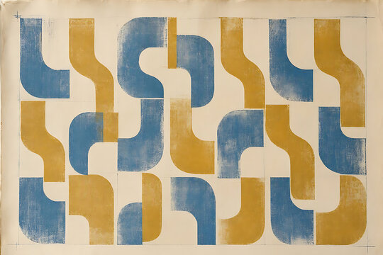 Repeating Blue and Mustard Interlocking Tile Pattern