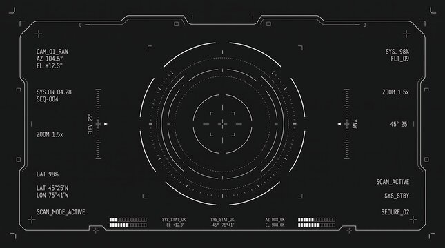 Futuristic HUD interface digital screen display with target reticle and technical data overlay