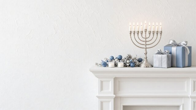 Hanukkah 2026 silver menorah with lit candles and blue and silver gifts on white mantel, festive holiday decor background with copy space