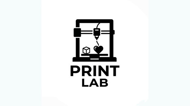 3D printer logo icon featuring a heart and cube shape for industrial manufacturing branding and technology creative projects in minimalist