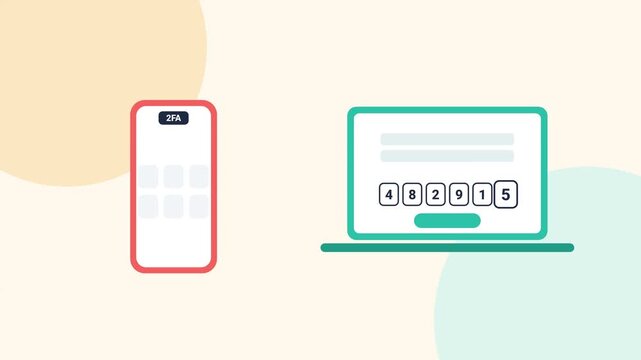 Two-Factor Login Flat Design Phone Sending Code to Laptop with Yellow Padlock Opening and Check Animation