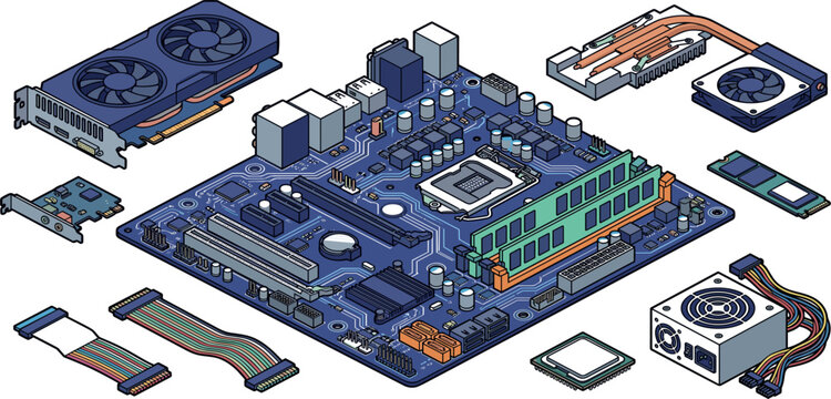 Isometric computer hardware kit with motherboard graphics card cpu ram modules power supply and cooling system