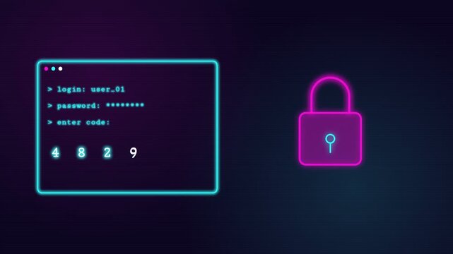 Two-Factor Login Neon Terminal Typing Password and Glitching Code Digits, Neon Padlock Unlocking Access Granted Animation