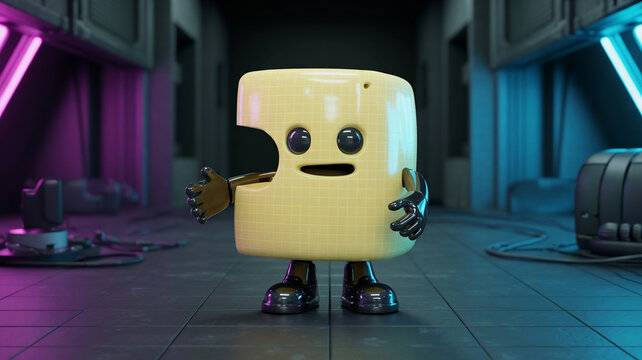 A cute 3d rendered character resembling a piece of yellow cheese with a bite taken out, standing in a futuristic neonlit corridor