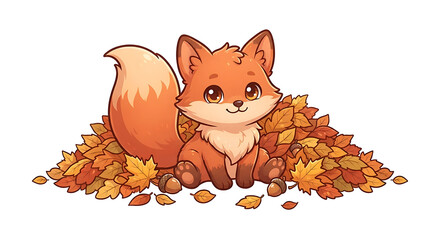 Naklejka premium Cute Kawaii Fox Sitting in Pile of Autumn Leaves with Acorns