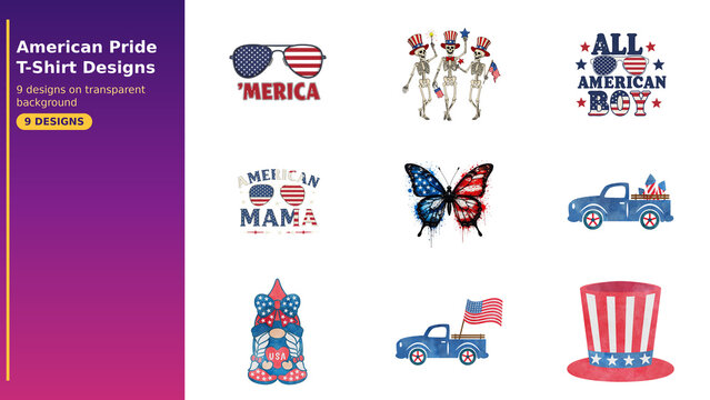 Set of 9 American pride t-shirt designs bundle, patriotic USA graphics set, Independence Day shirt designs pack, red white blue sublimation PNG collection for print on demand, 300 DPI commercial use