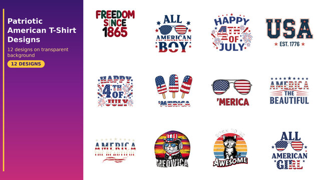 Set of 12 patriotic American t-shirt designs bundle, USA flag shirt graphics, 4th of July apparel designs set, American pride sublimation PNG collection for print on demand, 300 DPI commercial use