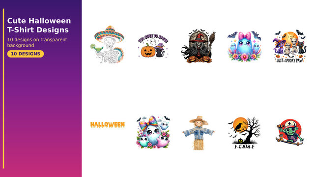 Set of 10 cute Halloween t-shirt designs bundle, spooky ghost shirt graphics set, funny Halloween apparel pack, trick or treat sublimation PNG collection for print on demand, 300 DPI commercial use