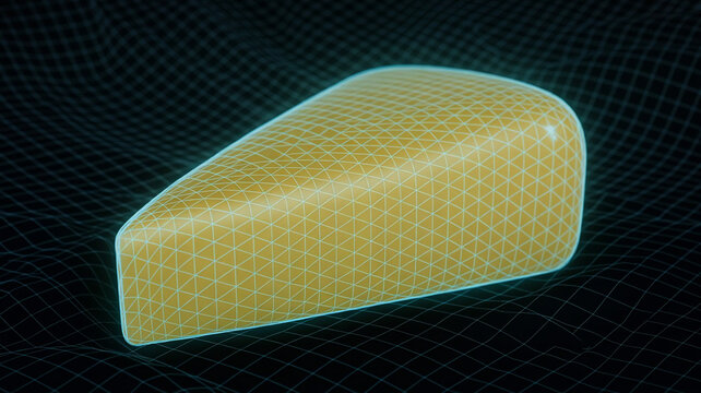 3d render of a triangular piece of yellow cheese with a digital wireframe mesh overlay, glowing edges, and a dark grid background