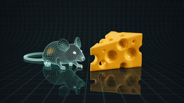 Digital wireframe mouse looking at a piece of yellow cheese on a dark grid background, 3d render concept
