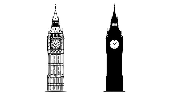 Big Ben clock tower illustration set, detailed line art and minimalist silhouette vector icons