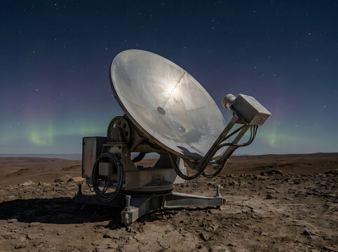 Large Parabolic Satellite Antenna Dish in Desert Under Night Sky with Aurora Lights