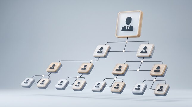Professional 3D render of business organizational chart with wooden framed icons representing company hierarchy and team structure on a soft neutral background for corporate reports