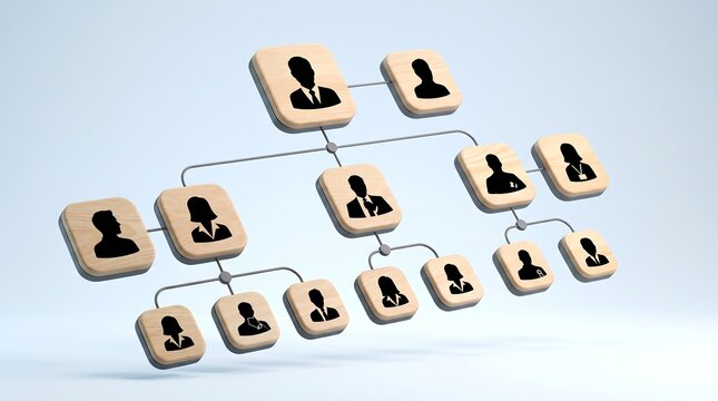 Corporate organizational chart with wooden blocks featuring human silhouettes representing business hierarchy and management structure for human resources and team leadership conceptual visualization