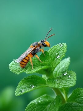 Macro shot of a small nomad bee on a mint leaf with water droplets