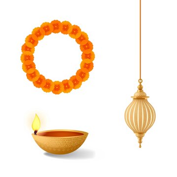 3D Vector Illustration of Traditional Golden Diya Lamp and Marigold Flower Set Isolated on White Background for Diwali Festival