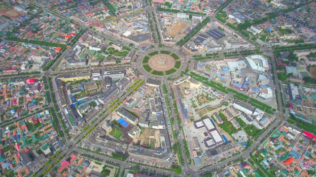 Overhead panorama of Tekes Bagua City Xinjiang, world‑famous eight‑trigram structured city near Tianshan mountains