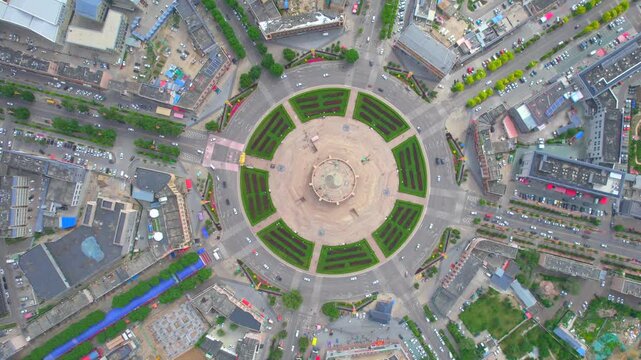 Aerial top‑down view of Tekes Bagua City, Xinjiang China, eight‑trigram city with no traffic lights, traditional I‑Ching urban planning