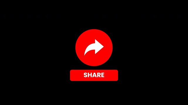 Animated share icon with play button transforming into share button and particles on black background
