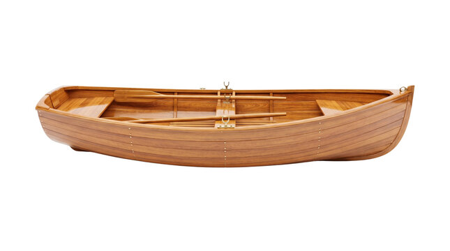 Wooden rowboat on white background, classic row boat with oars isolated, vintage dinghy vessel studio shot, nautical watercraft for marine concept