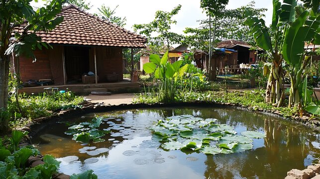 Traditional village pond with lily pads surrounded by rustic brick houses, lush tropical plants, and green foliage under natural daylight