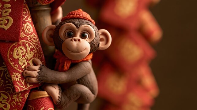 Cute clay monkey wearing red hat and scarf clings to pole with blurred firecrackers background during Chinese New Year celebration