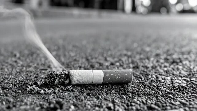 Smoking cigarette butt on the ground with smoke in black and white