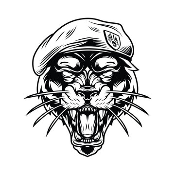 Vector illustration of a roaring black panther wearing a military beret.