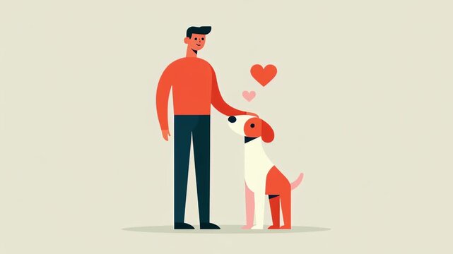 Minimalist 2d animation showing a loving man gently petting his adorable dog, with hearts floating above them, symbolizing their strong bond, friendship, and the joy of pet ownership