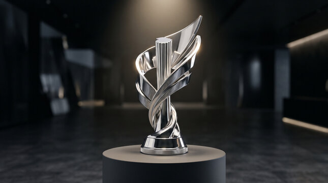Formula 1 season finale trophy displayed in a modern exhibition hall  
