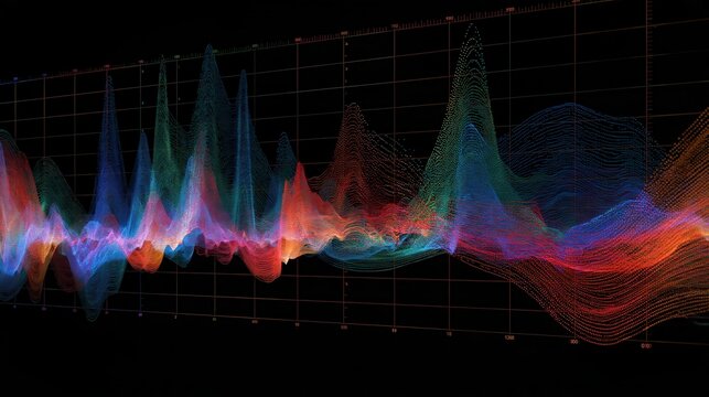 Abstract digital data visualization with colorful sound wave patterns over a grid background