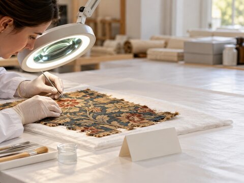 conservator restores a ceramic artifact in a museum workshop