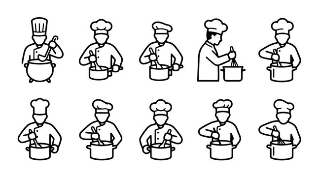 Minimalist chef icon set showing male cooks preparing food with pots, black line art restaurant culinary icons for menu design