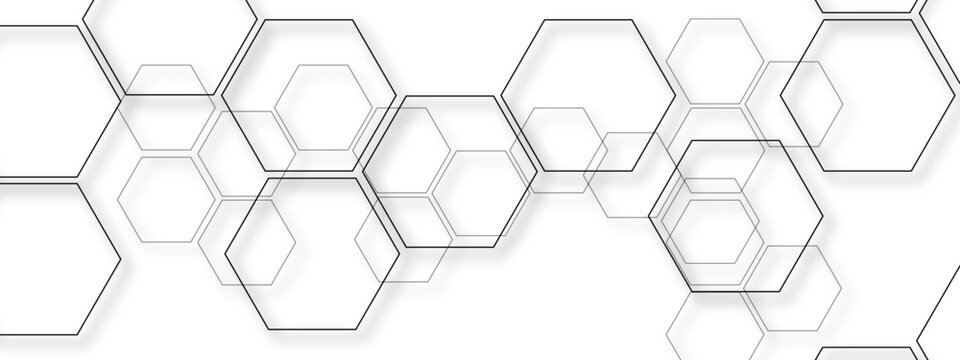 Abstract geometric pattern of interlocking translucent hexagons and hexagonal outlines creating a complex tessellation on a clean white background, modern digital graphic design 