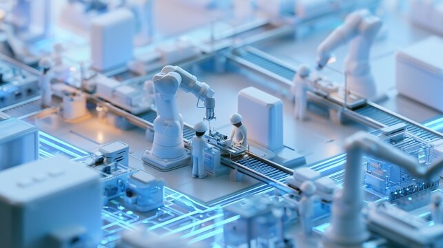 3D isometric illustration of a smart factory floor with white collaborative robot arms working next to small human workers in helmets, conveyor belts, glowing blue data lines