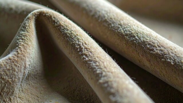 Close-up of soft beige velvety fabric folds with tiny fibres and fuzz catching light, shallow depth of field, tactile textile abstract