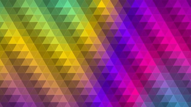 Abstract geometric background with a vibrant gradient of teal yellow purple and pink triangles creating a dynamic visual effect