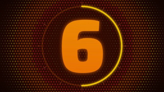 Digital countdown timer showing numbers 10, 5, and 0 with glowing orange digits and a dotted background