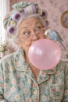 Title (186 characters):
Funny senior woman with curlers blowing a huge pink bubble gum, with a small blue budgie perched on top, wearing pink cat-eye glasses and floral pajamas in a vintage room setti